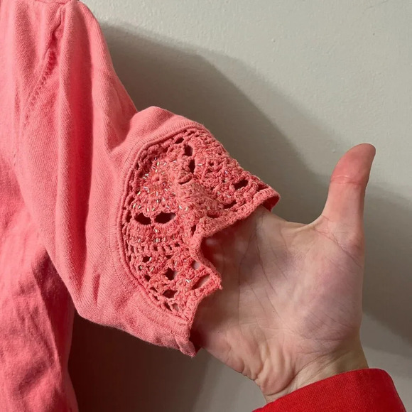 Vtg Joseph A Womens Coral Blouse M Crochet Beaded Coastal Grandmother Knit - Picture 6 of 6